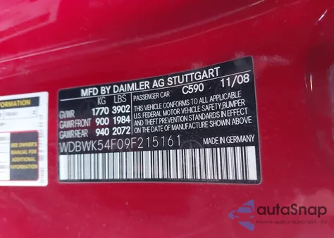 2009 Mercedes-Benz Slk 300 from USA, damaged, VIN WDBWK54F09F215161